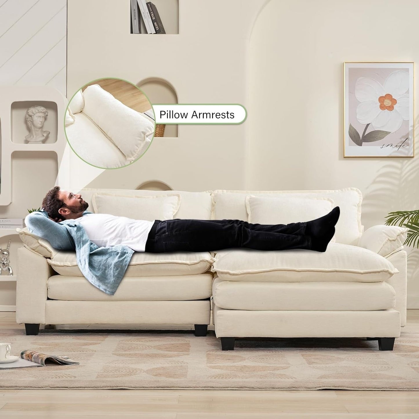 86 Cloud Sectional Sofa - L-Shape Chenille Couch with Ottoman & Pillows, Deep Seat Sleeper (Beige White)
