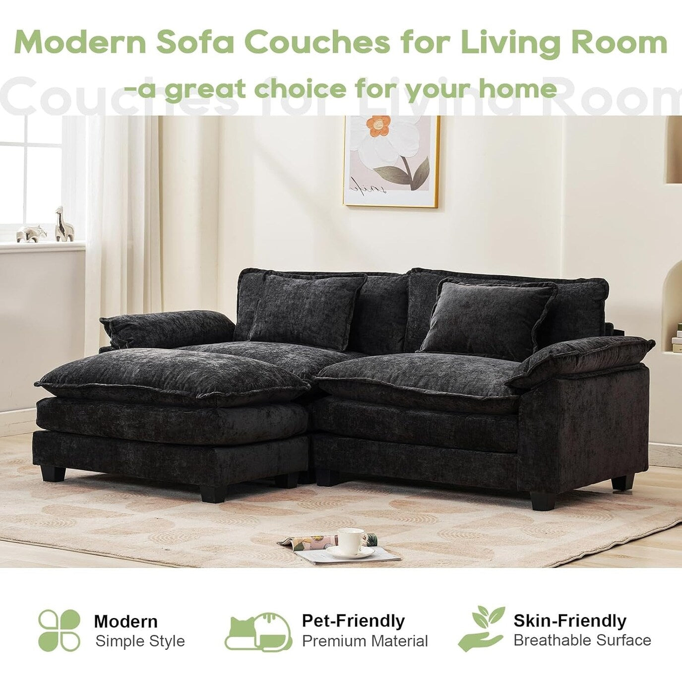 86 Cloud Sectional Sofa - L-Shape Chenille Couch with Ottoman & Pillows, Deep Seat Sleeper (Beige White)