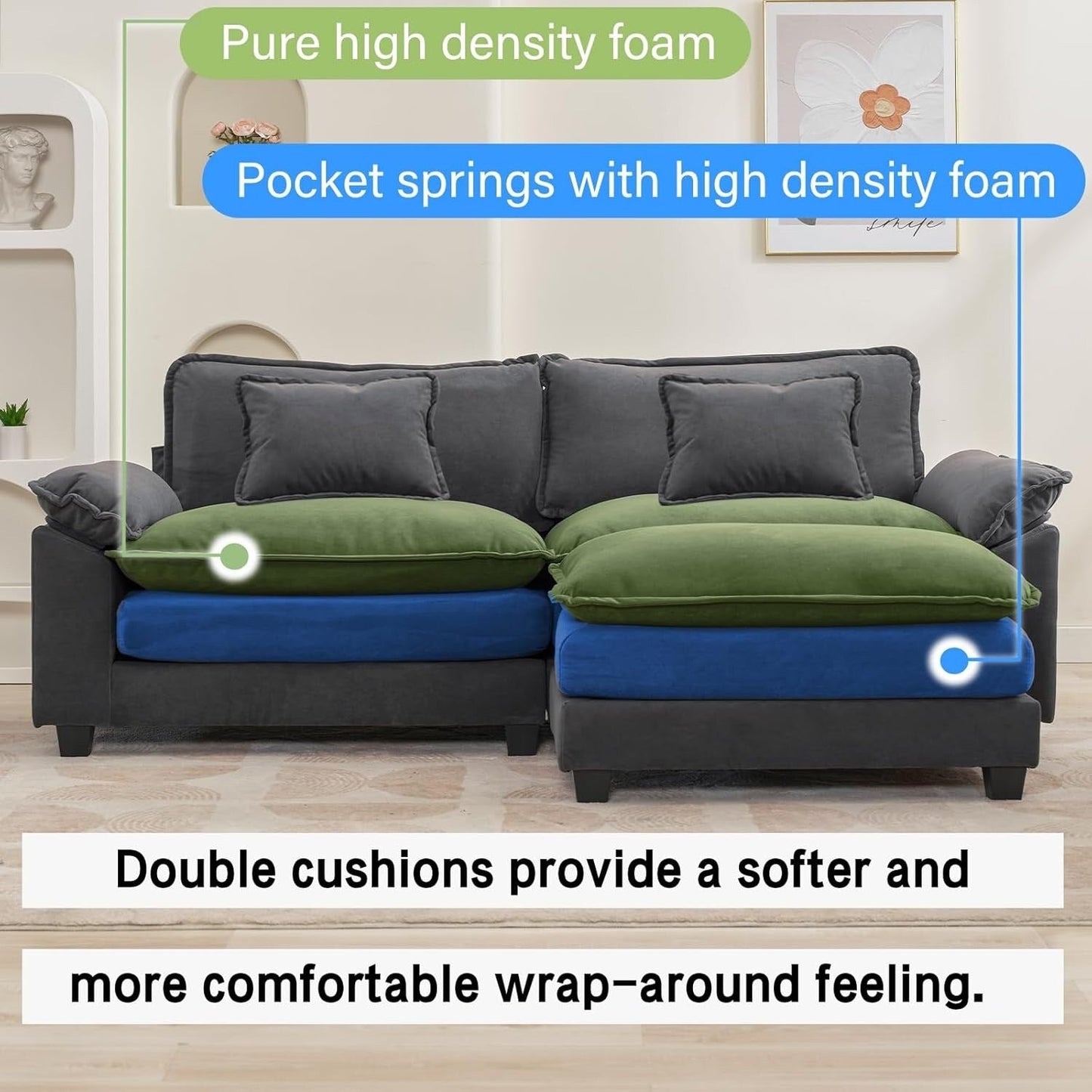 86 Cloud Sectional Sofa - L-Shape Chenille Couch with Ottoman & Pillows, Deep Seat Sleeper (Beige White)