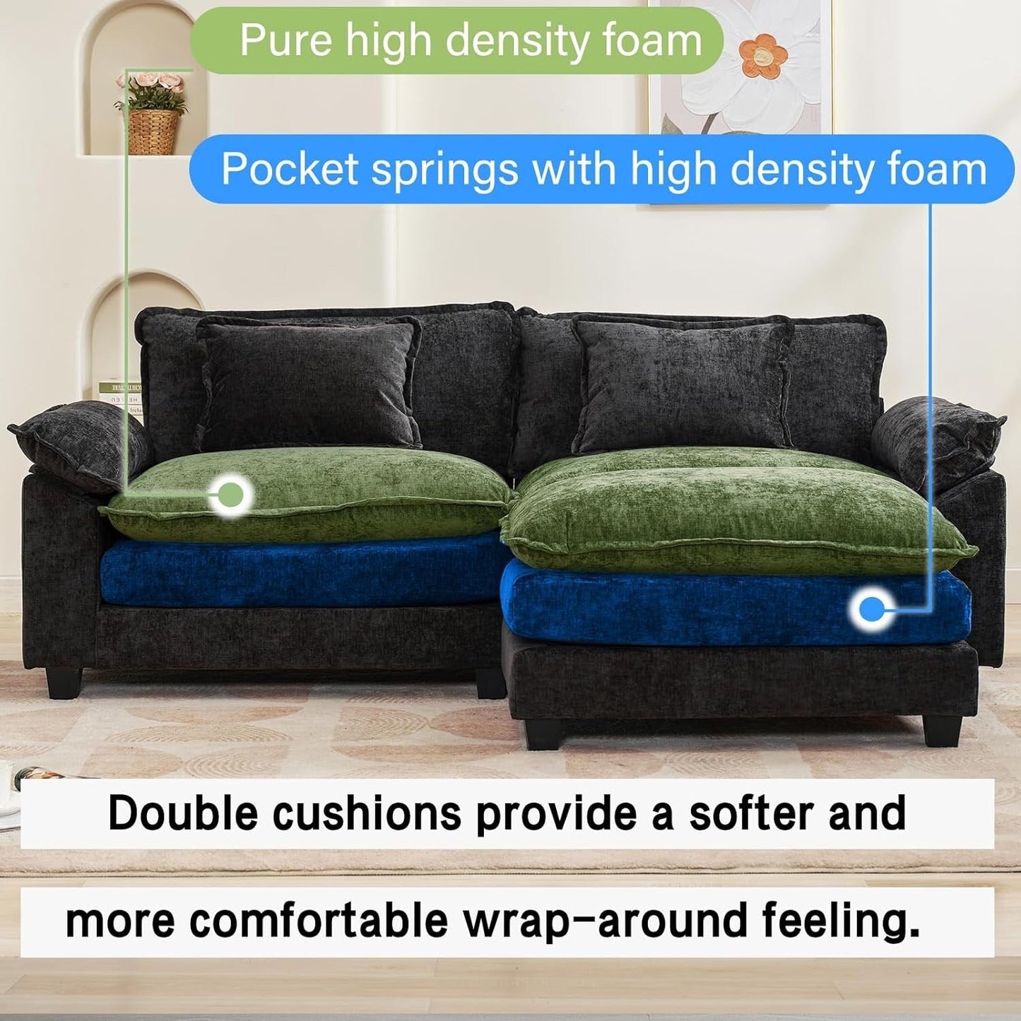 86 Cloud Sectional Sofa - L-Shape Chenille Couch with Ottoman & Pillows, Deep Seat Sleeper (Beige White)