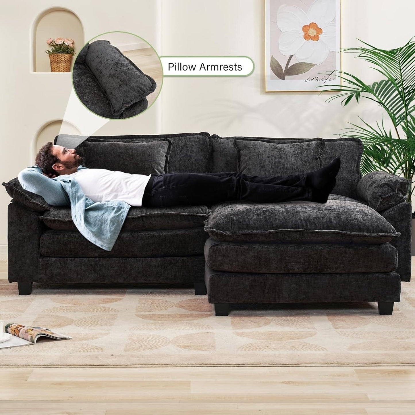 86 Cloud Sectional Sofa - L-Shape Chenille Couch with Ottoman & Pillows, Deep Seat Sleeper (Beige White)