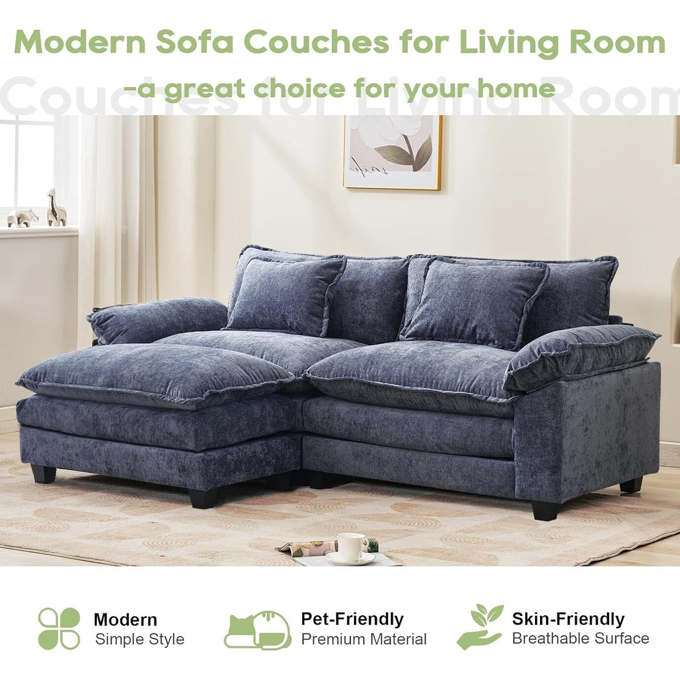 86 Cloud Sectional Sofa - L-Shape Chenille Couch with Ottoman & Pillows, Deep Seat Sleeper (Beige White)
