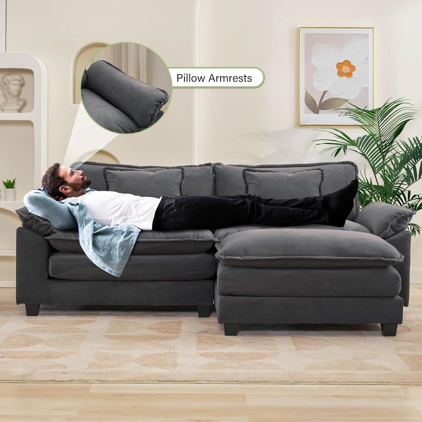 86 Cloud Sectional Sofa - L-Shape Chenille Couch with Ottoman & Pillows, Deep Seat Sleeper (Beige White)
