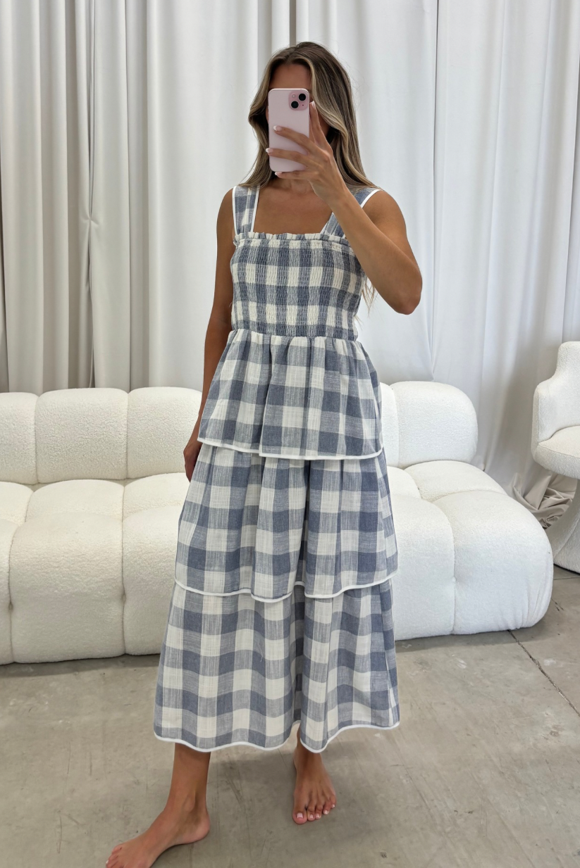 Ree Gingham Tiered Midi Dress in Blue