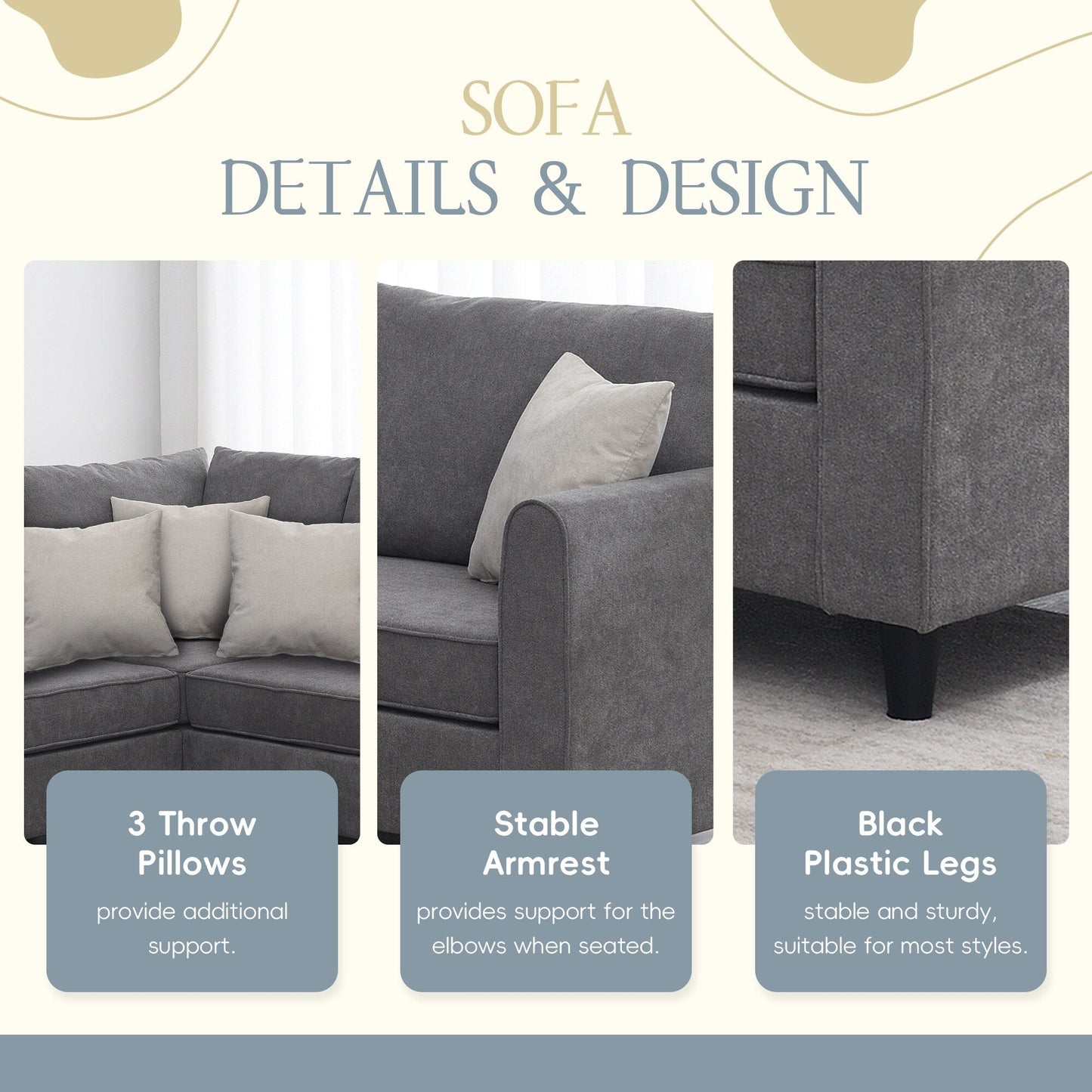 91*91 Modern Upholstered Living Room Sectional Sofa, L Shape Furniture Couch With 3 Pillows