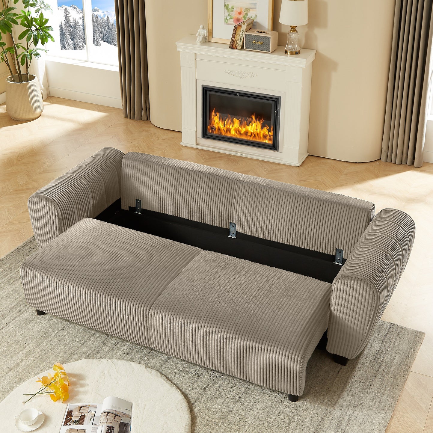 92.1Corduroy 3-Seater Sofa with 2-in-1 Convertible Design, Built-In Storage Compartments
