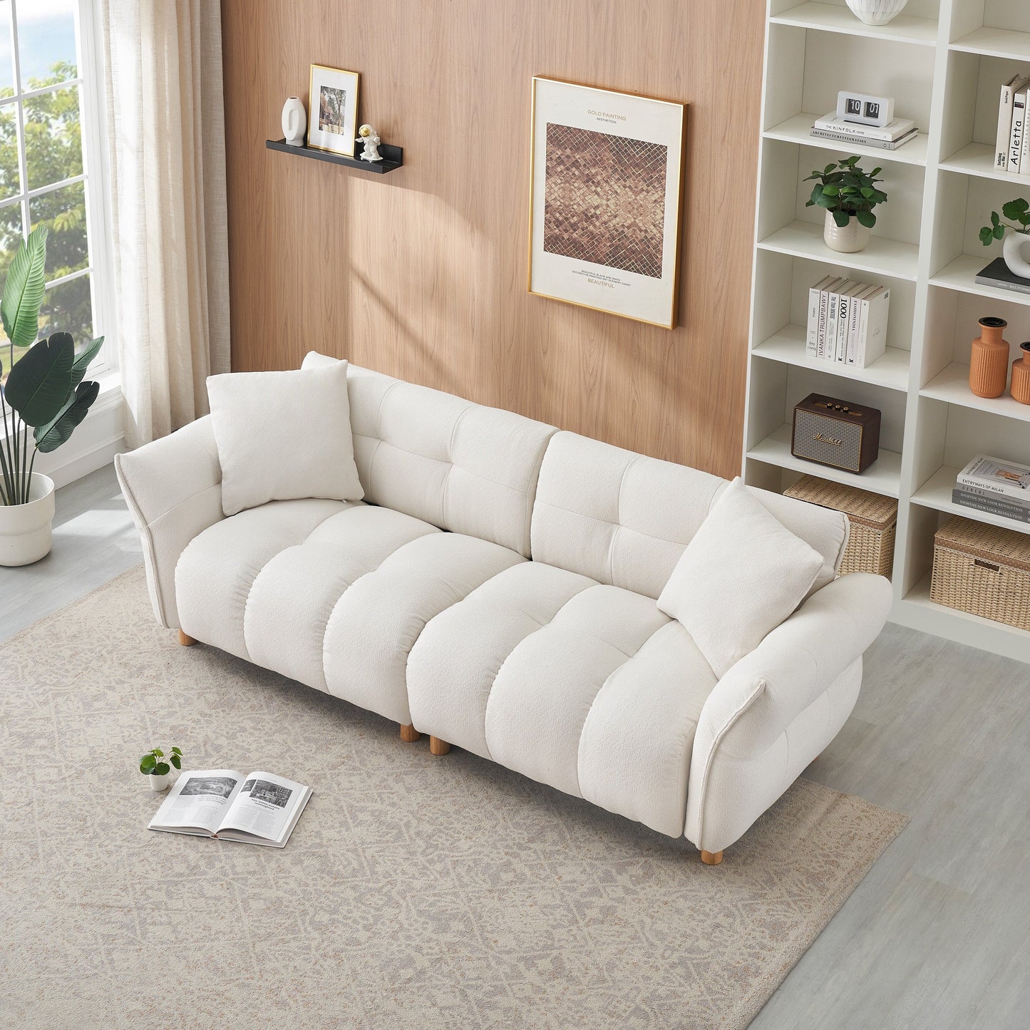 93.70 Inches Long, Teddy Sofa Fabric,With Two Matching Pillows And Three Spacious And Comfortable Seats