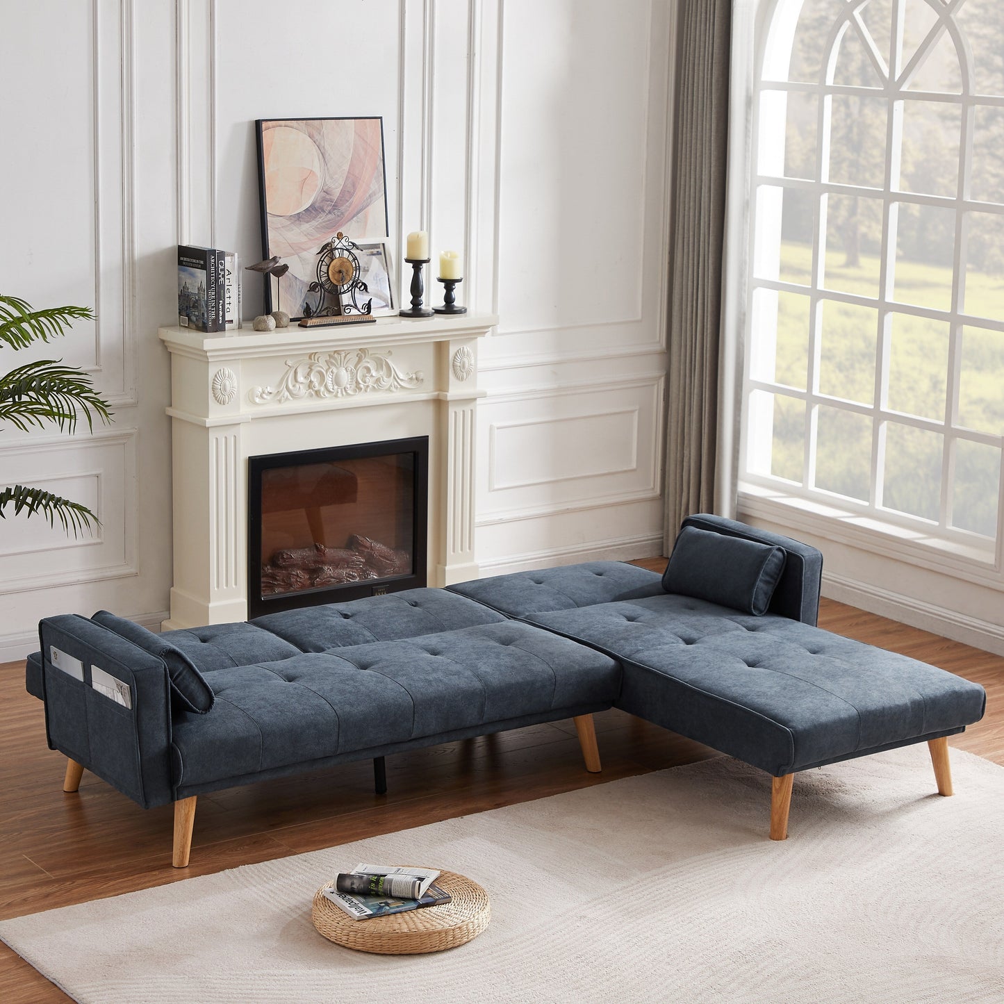 94.5'' Linen 3-Seater Convertible Sofa: Right Chaise, Foam Padding, Organizer Bag, and Square Arms