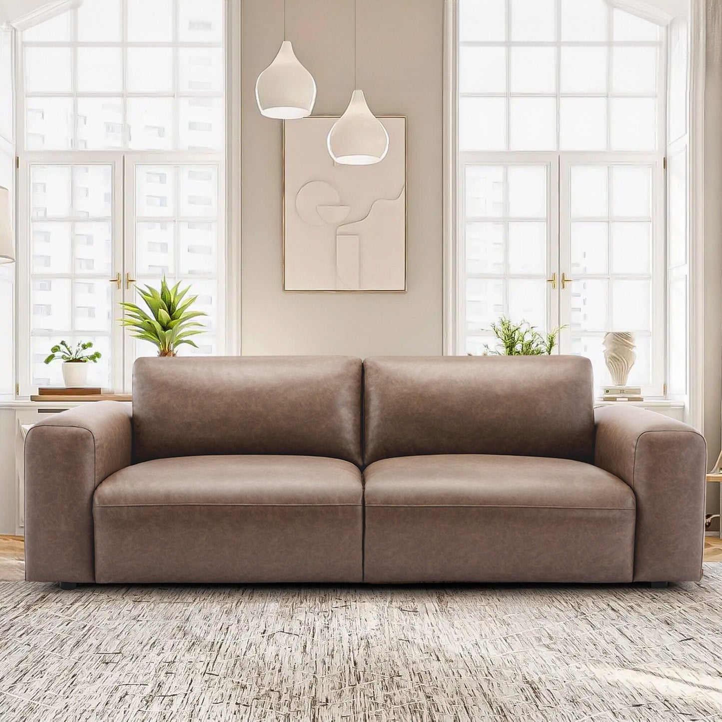 95 Oversized 3-Seater Sofa - Extra Deep Seats & Wide Arms, Down-Filled PU Leather Couch for Living Room, Apartment