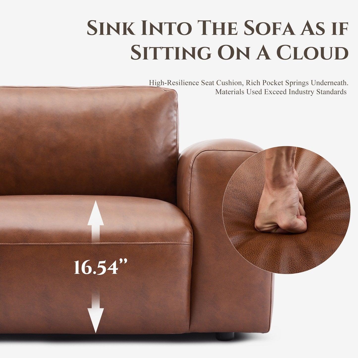 95 Oversized 3-Seater Sofa - Extra Deep Seats & Wide Arms, Down-Filled PU Leather Couch for Living Room, Apartment