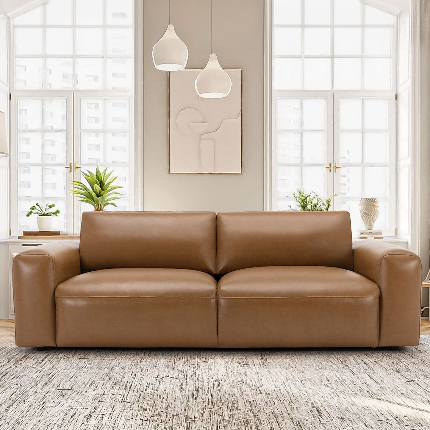 95 Oversized 3-Seater Sofa - Extra Deep Seats & Wide Arms, Down-Filled PU Leather Couch for Living Room, Apartment
