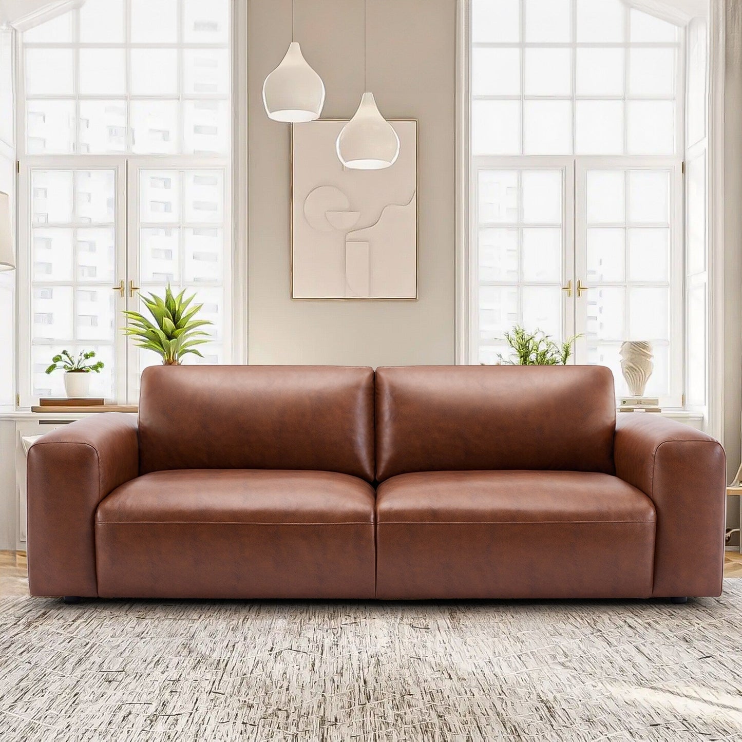 95 Oversized 3-Seater Sofa - Extra Deep Seats & Wide Arms, Down-Filled PU Leather Couch for Living Room, Apartment