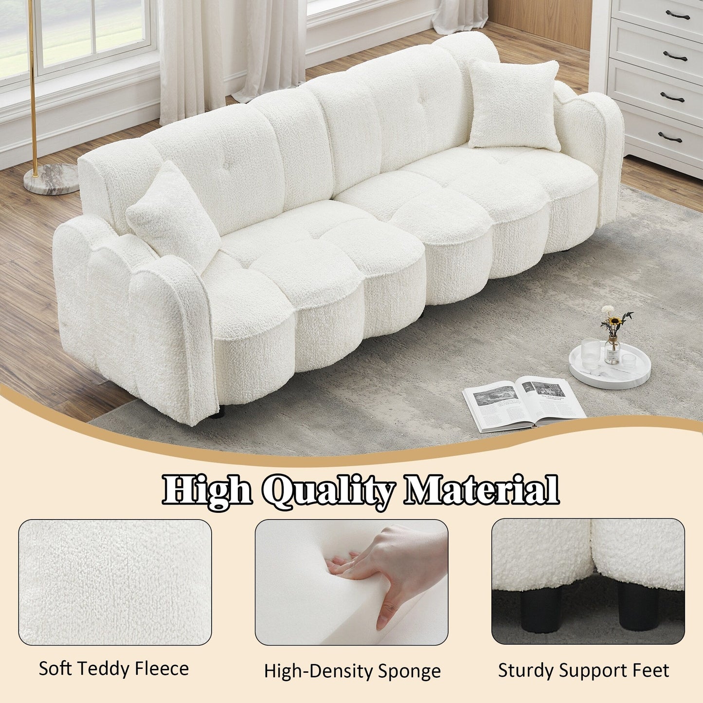 96.06'' Upholstered 3-Seater Sofa with 2 Pillows, Cloud Design, Deep Seat, and Thick Foam Cushions