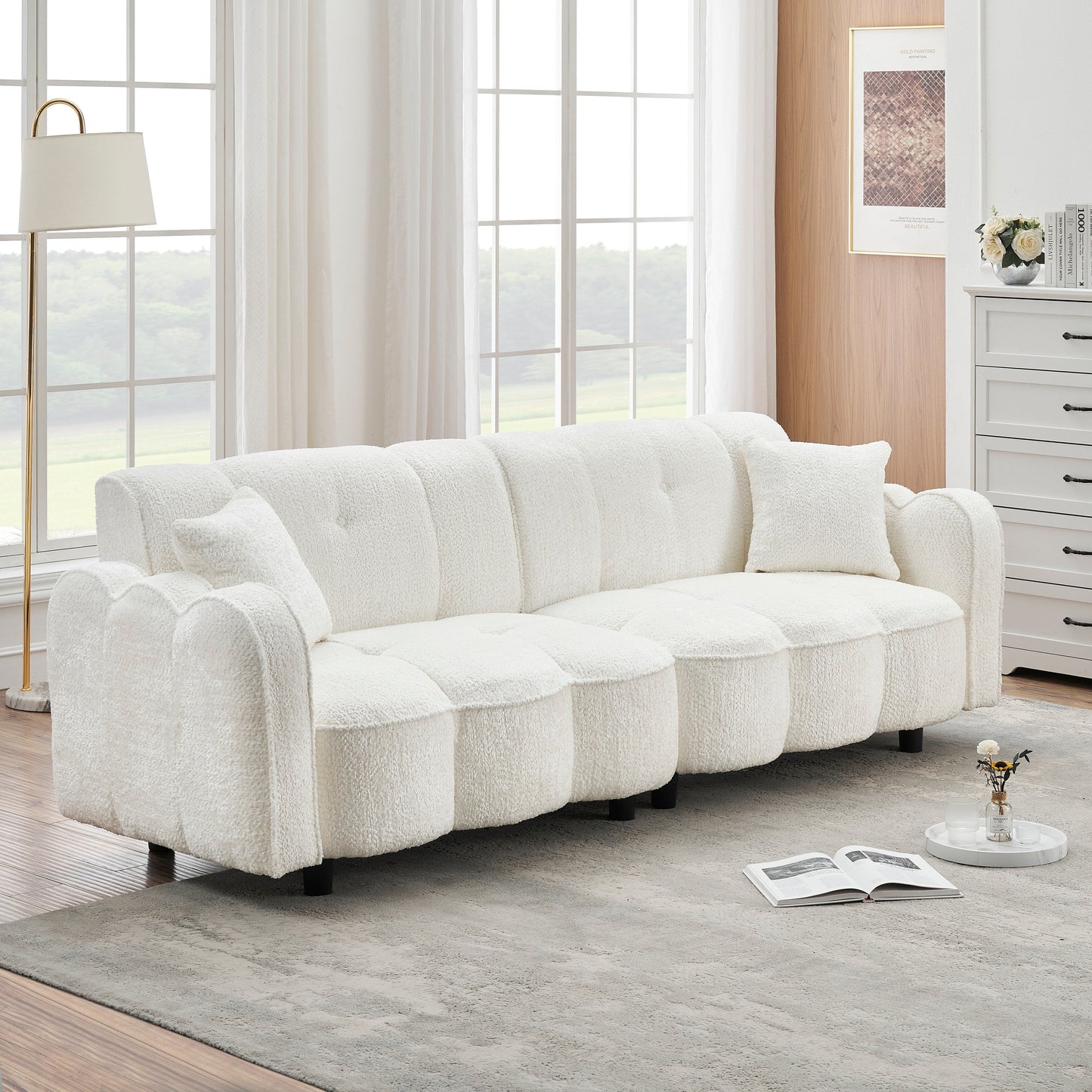 96.06'' Upholstered 3-Seater Sofa with 2 Pillows, Cloud Design, Deep Seat, and Thick Foam Cushions