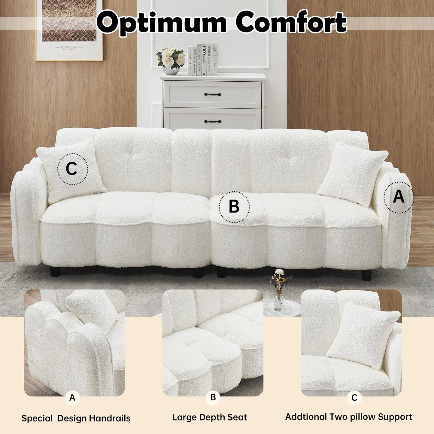 96.06'' Upholstered 3-Seater Sofa with 2 Pillows, Cloud Design, Deep Seat, and Thick Foam Cushions