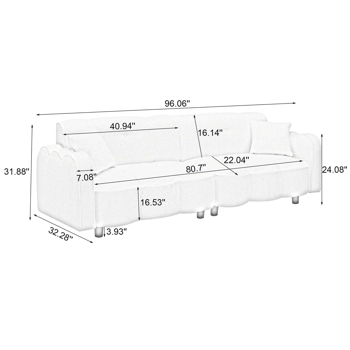 96.06'' Upholstered 3-Seater Sofa with 2 Pillows, Cloud Design, Deep Seat, and Thick Foam Cushions