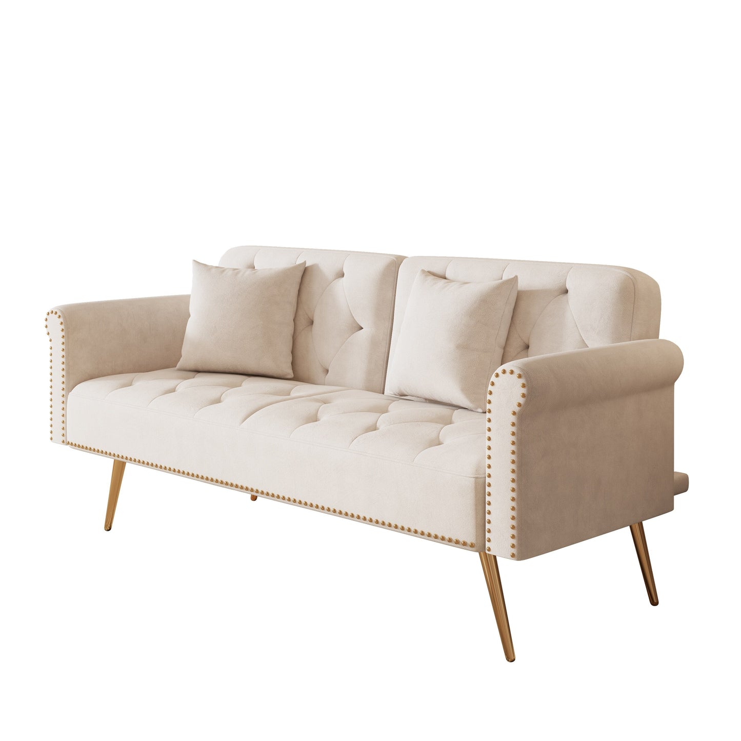 A 69.7-Inch-Long Sofa Bed Covered In Velvet Fabric, Featuring Nail Head Trim And Accompanied By A Matching Throw Pillow
