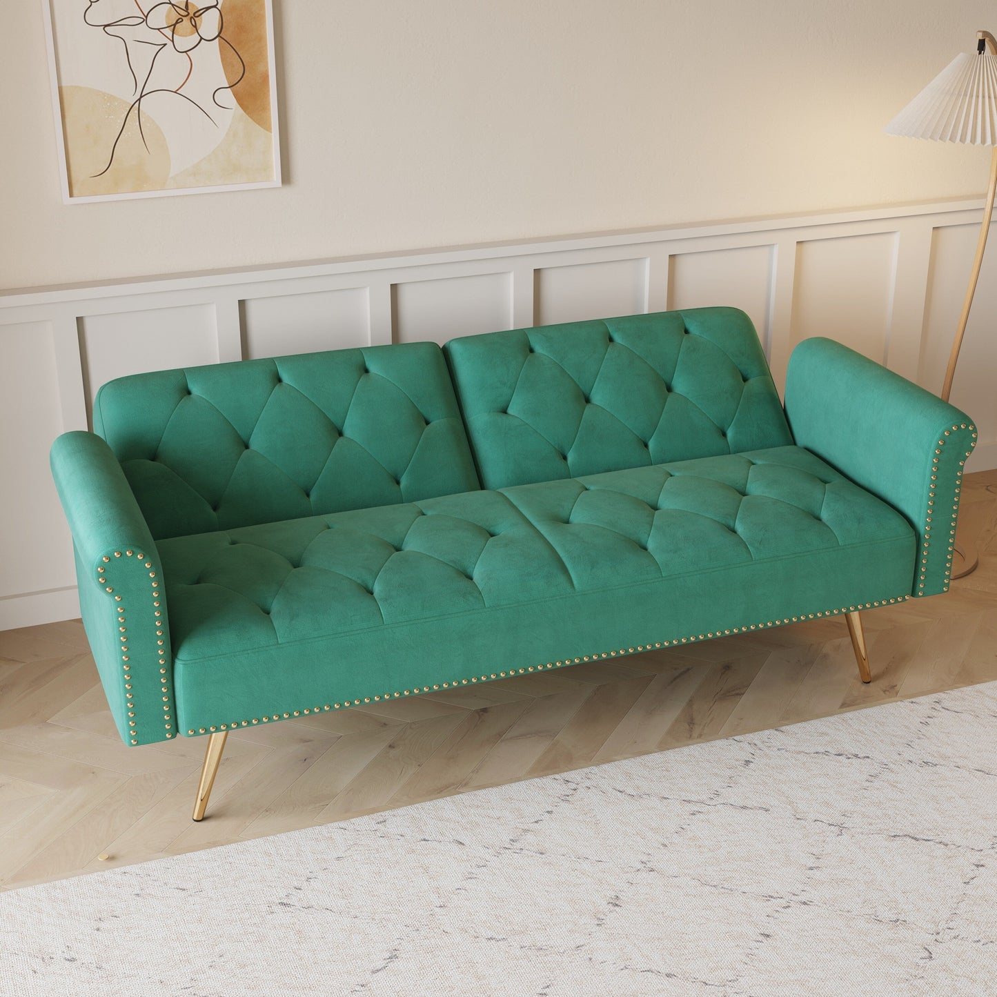 A 69.7-Inch-Long Sofa Bed Covered In Velvet Fabric, Featuring Nail Head Trim And Accompanied By A Matching Throw Pillow