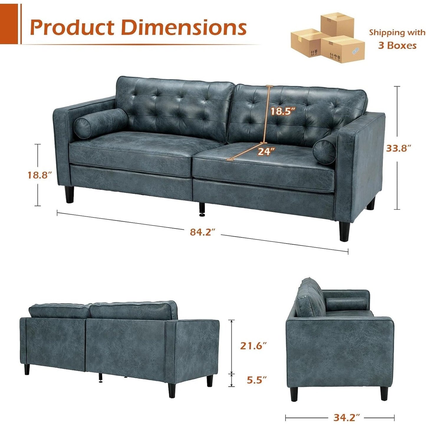 AECOJOY 84.2 Mid Century Modern Sofa with 2 Bolster Pillows