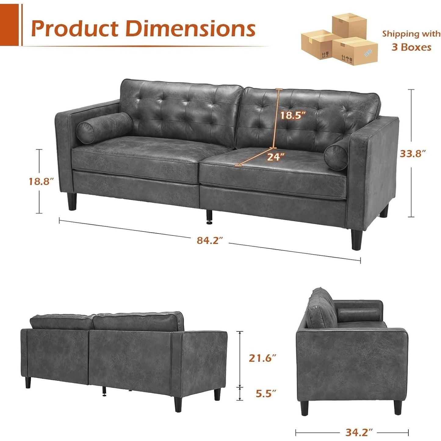 AECOJOY 84.2 Mid Century Modern Sofa with 2 Bolster Pillows