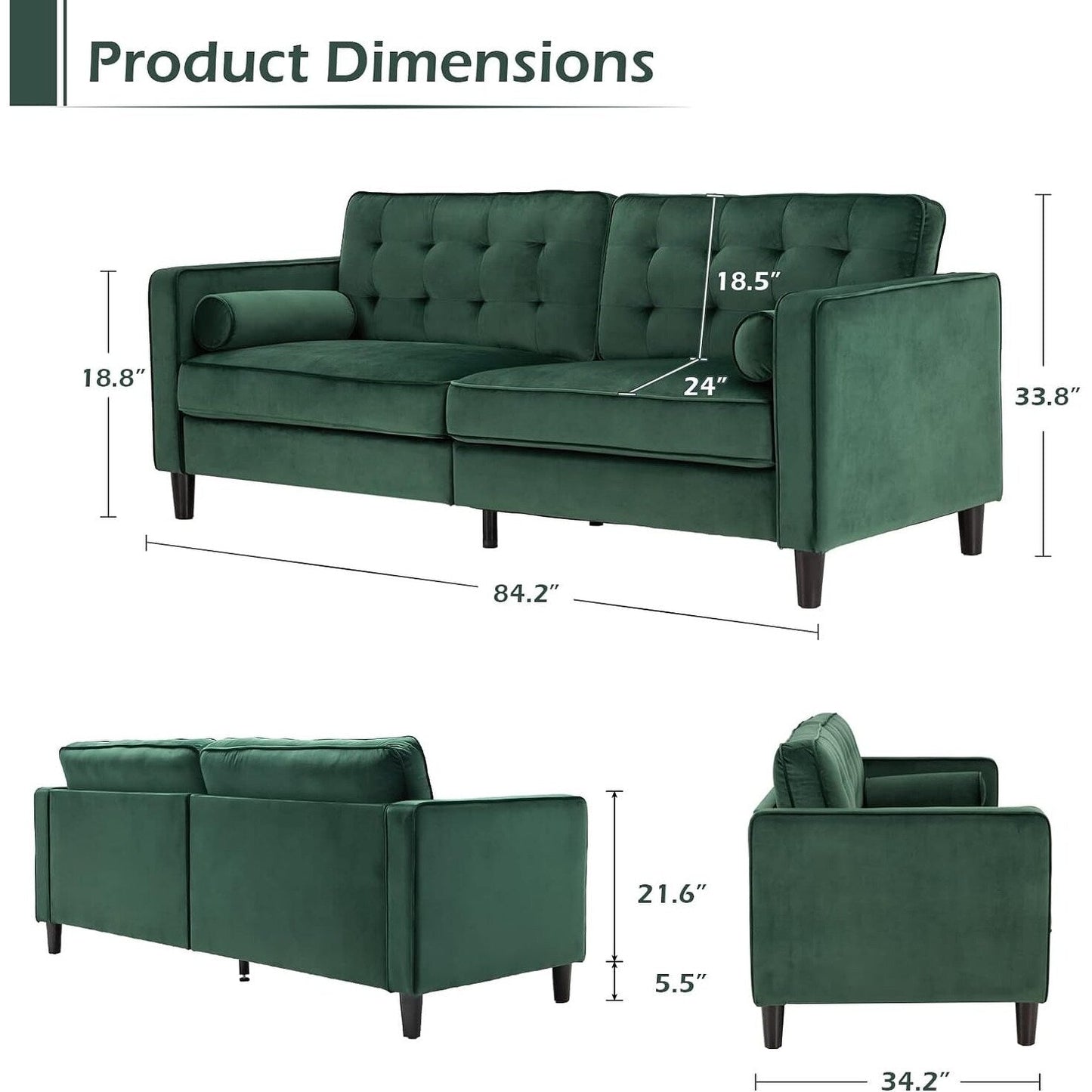 AECOJOY 84.2 Mid Century Modern Sofa with 2 Bolster Pillows