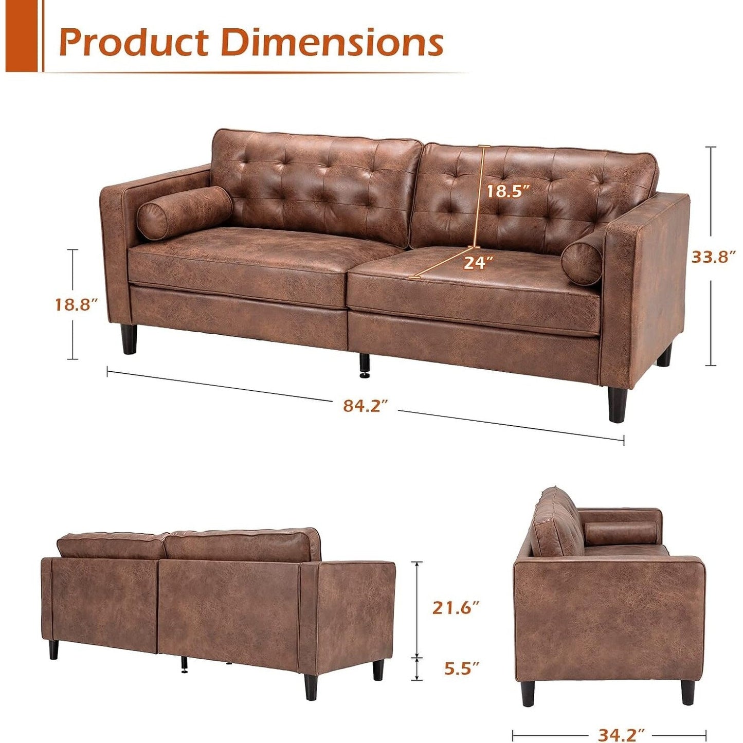 AECOJOY 84.2 Mid Century Modern Sofa with 2 Bolster Pillows