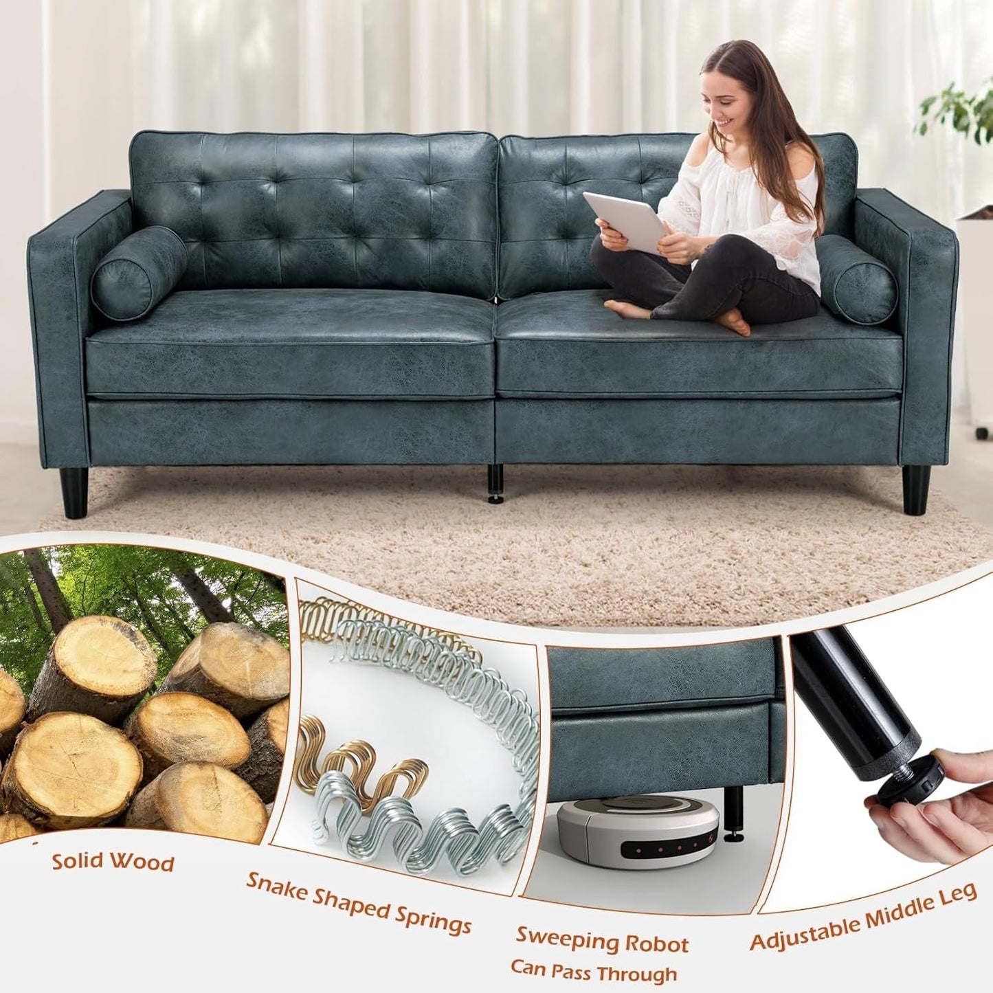 AECOJOY 84.2 Mid Century Modern Sofa with 2 Bolster Pillows