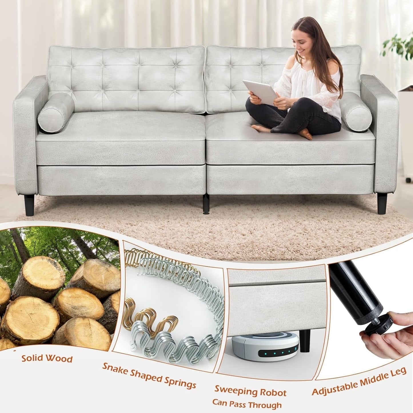 AECOJOY 84.2 Mid Century Modern Sofa with 2 Bolster Pillows