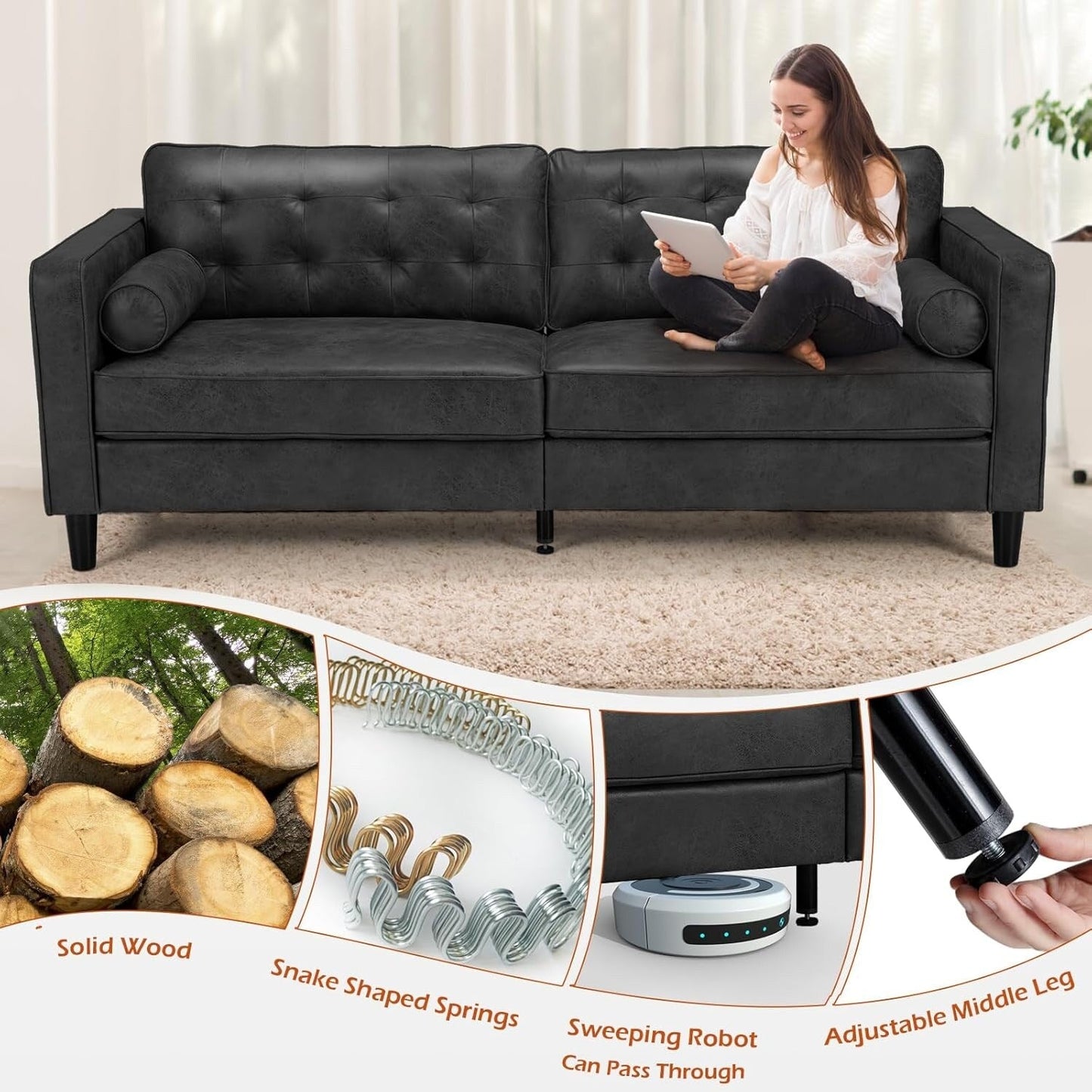 AECOJOY 84.2 Mid Century Modern Sofa with 2 Bolster Pillows