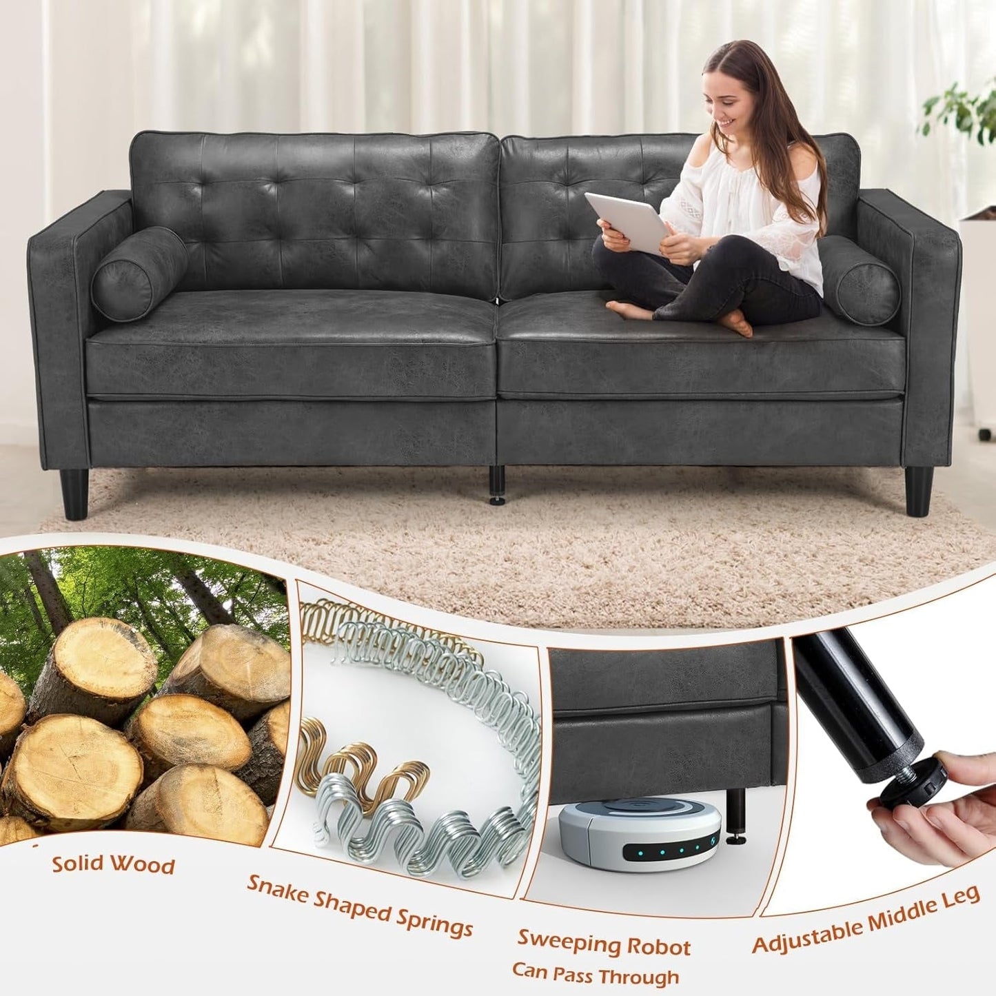 AECOJOY 84.2 Mid Century Modern Sofa with 2 Bolster Pillows