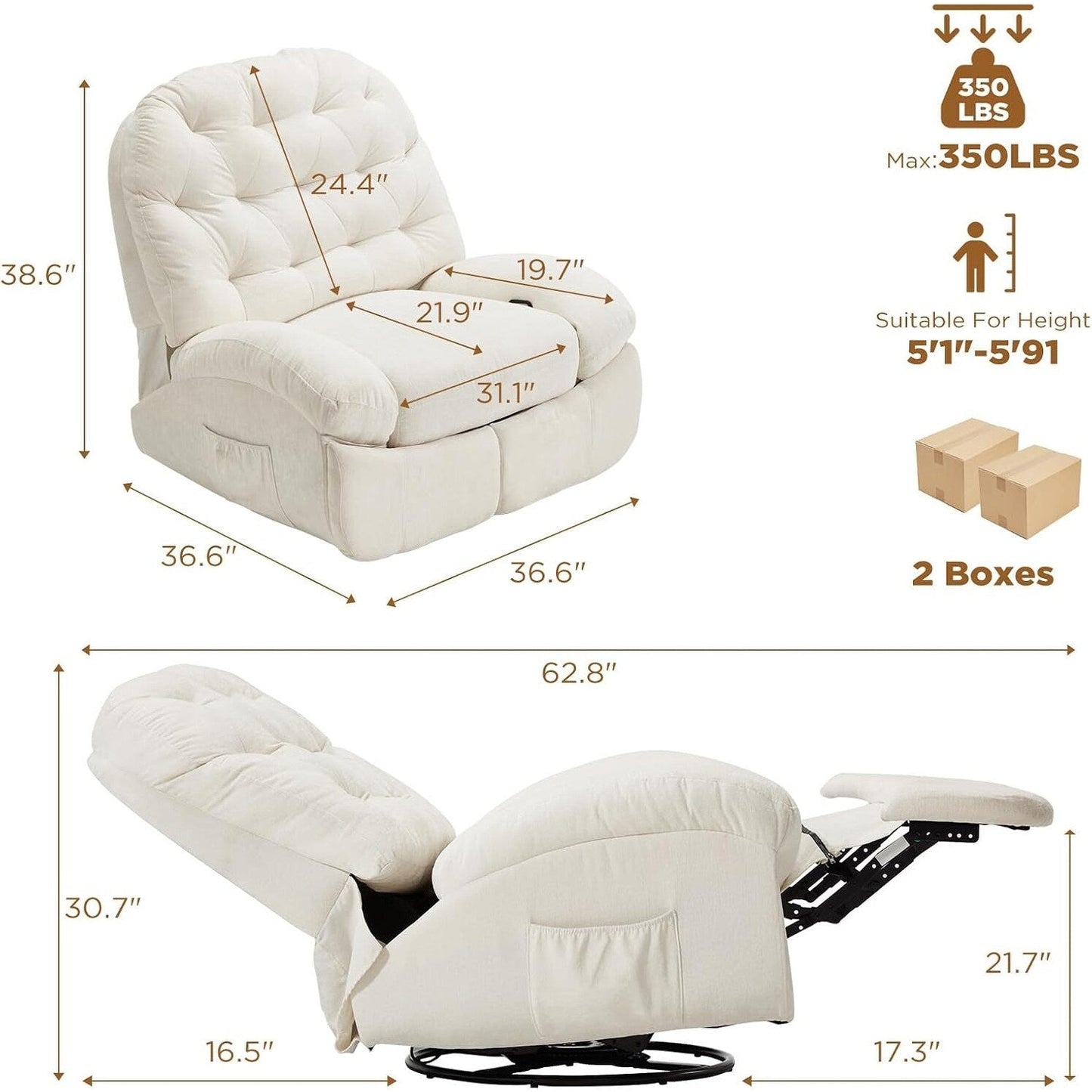 AECOJOY Oversized Recliner Chair, 360° Swivel Rocking Glider, Chenille Rocker for Adults, Modern Ergonomic Chaise Lounge Sofa
