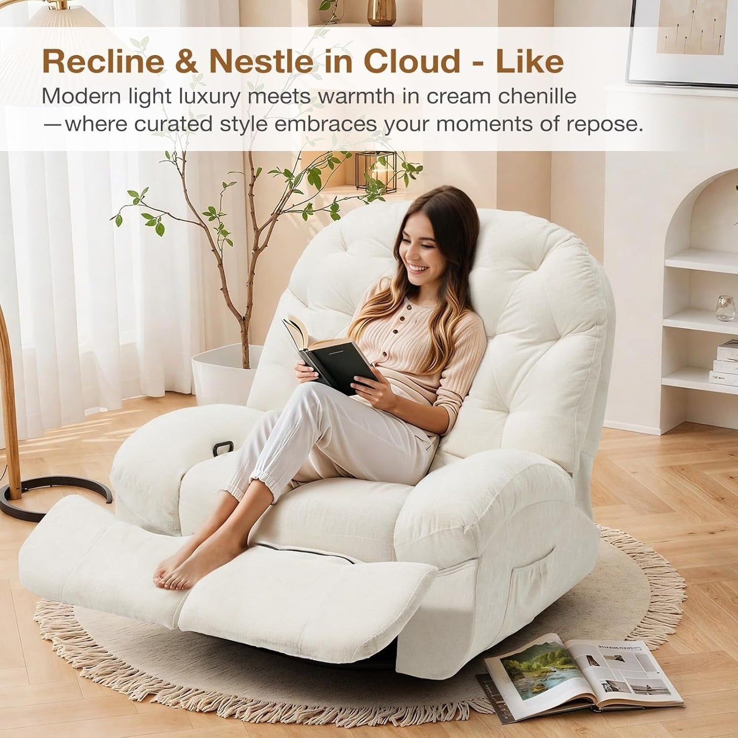 AECOJOY Oversized Recliner Chair, 360° Swivel Rocking Glider, Chenille Rocker for Adults, Modern Ergonomic Chaise Lounge Sofa