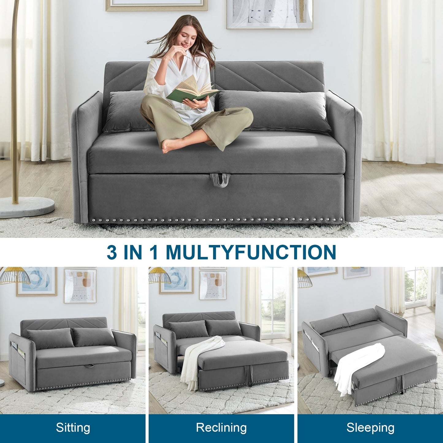 Aukfa 3 in 1 Convertible Sofa Bed Velvet Loveseat Sleeper