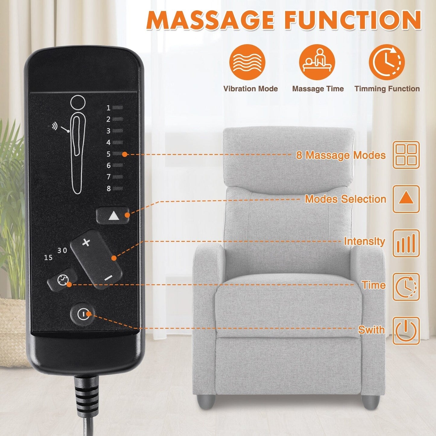 Adjustable Recliner Chair with 8 Massage Modes and Lumbar Support for Relaxation and Home Theater Use