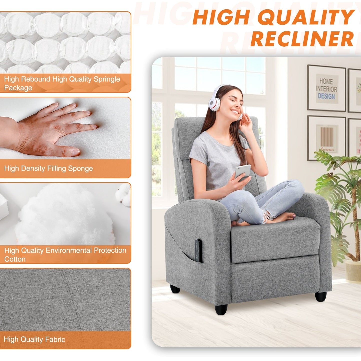 Adjustable Recliner Chair with 8 Massage Modes and Lumbar Support for Relaxation and Home Theater Use