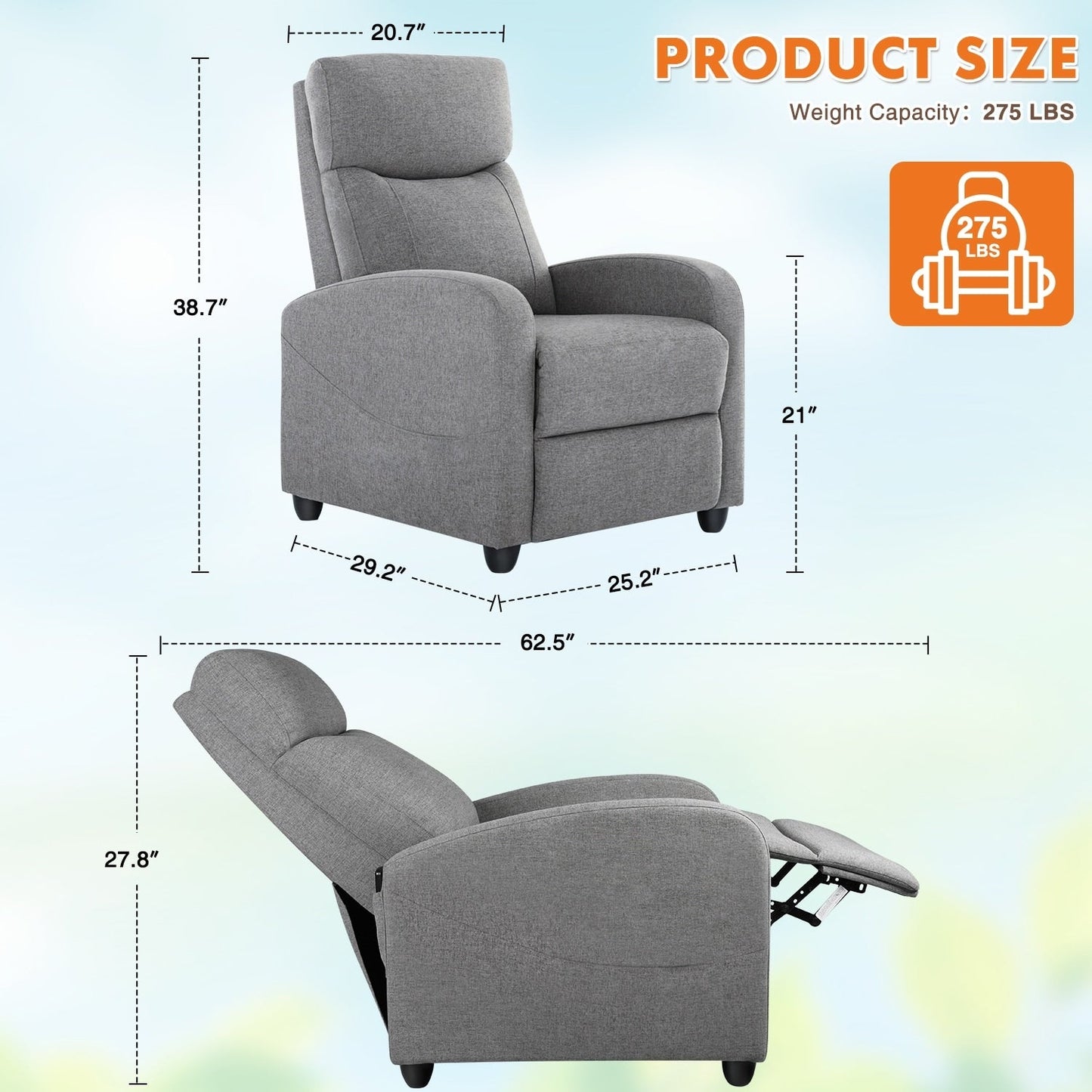 Adjustable Recliner Chair with 8 Massage Modes and Lumbar Support for Relaxation and Home Theater Use