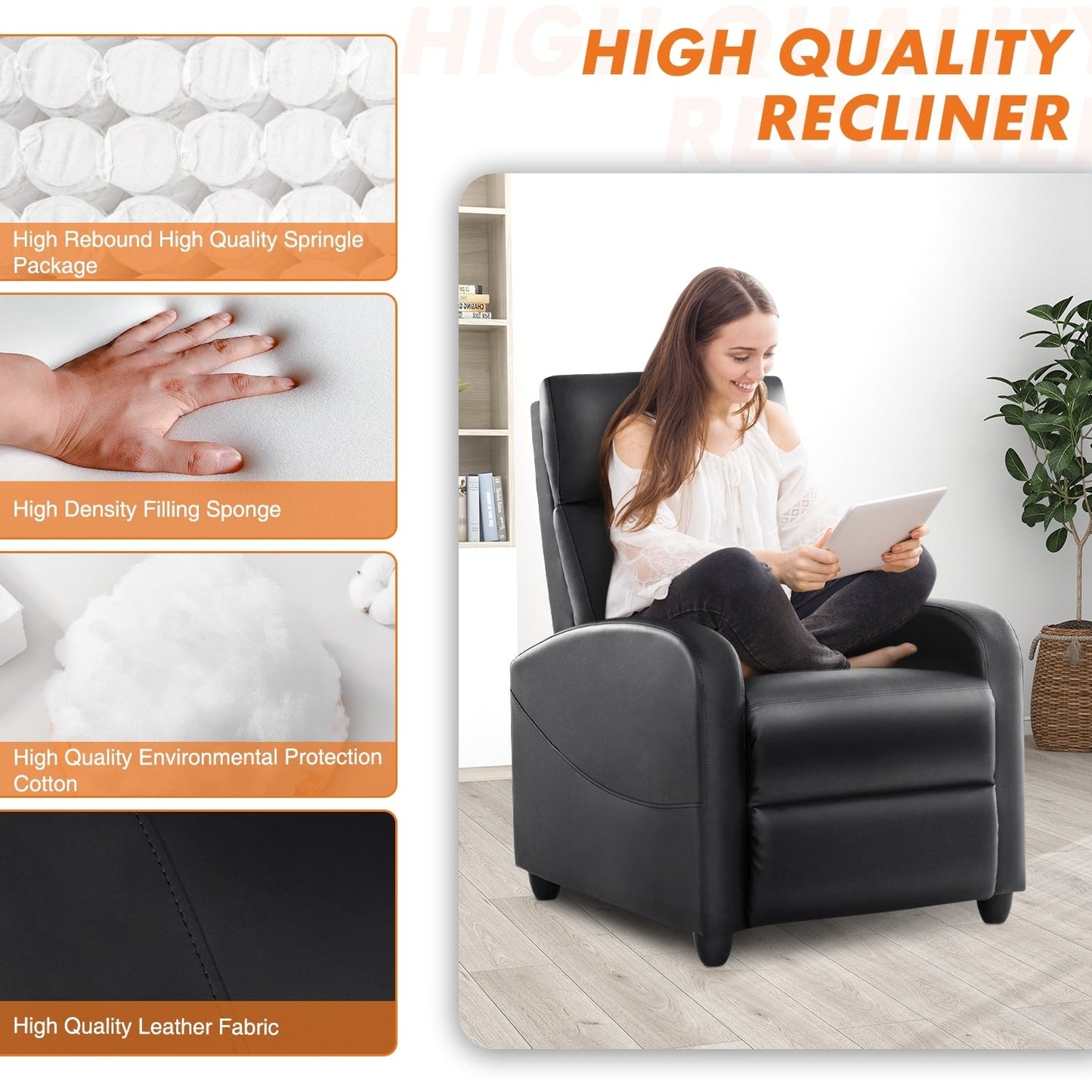 Adjustable Recliner Chair with 8 Massage Modes and Lumbar Support for Relaxation and Home Theater Use