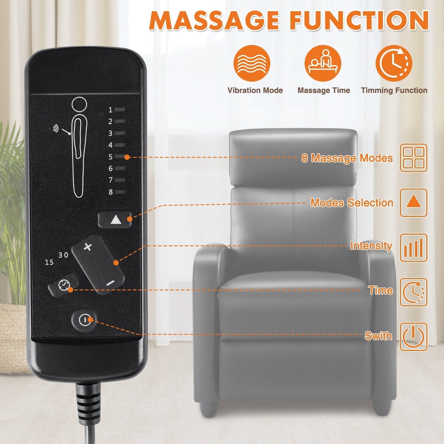 Adjustable Recliner Chair with 8 Massage Modes and Lumbar Support for Relaxation and Home Theater Use