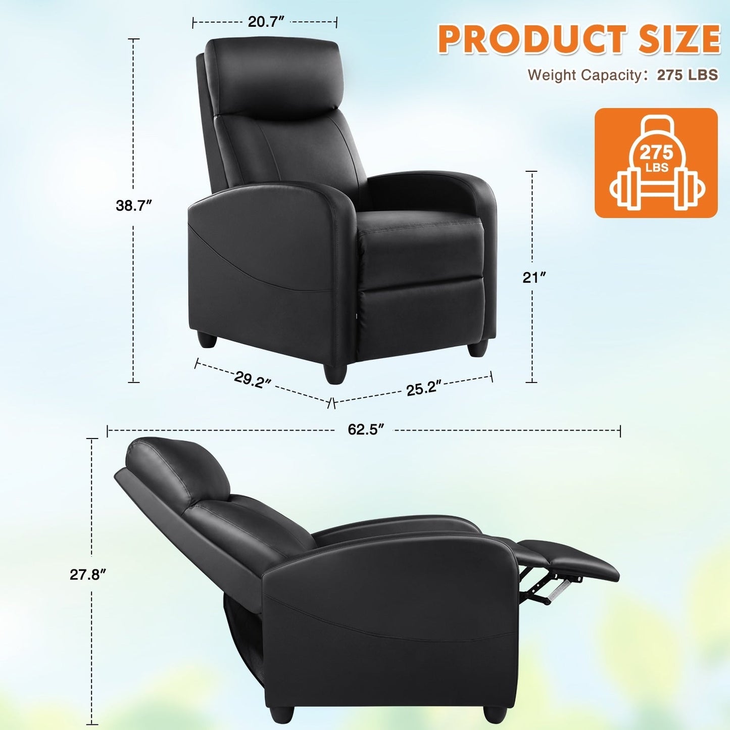 Adjustable Recliner Chair with 8 Massage Modes and Lumbar Support for Relaxation and Home Theater Use