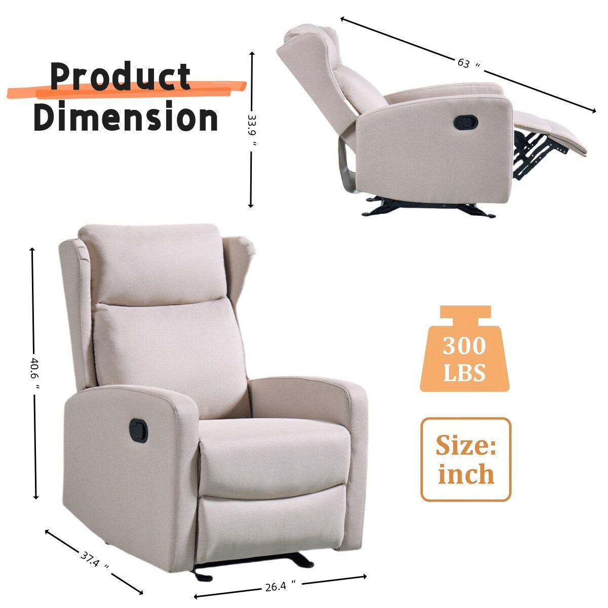 Adjustable Rocker Recliner Chair (90°-165°) - Premium Linen Upholstery with 30° Gentle Rocking Motion