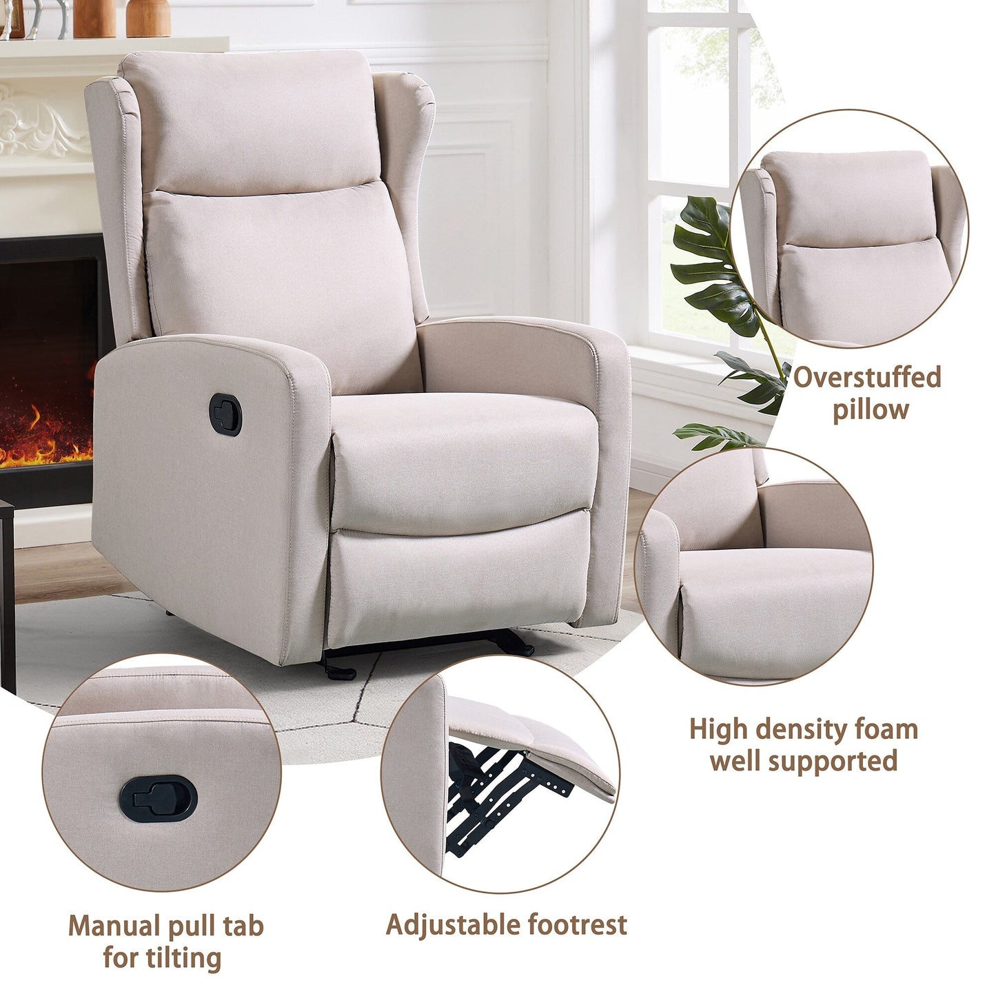 Adjustable Rocker Recliner Chair (90°-165°) with Linen Upholstery