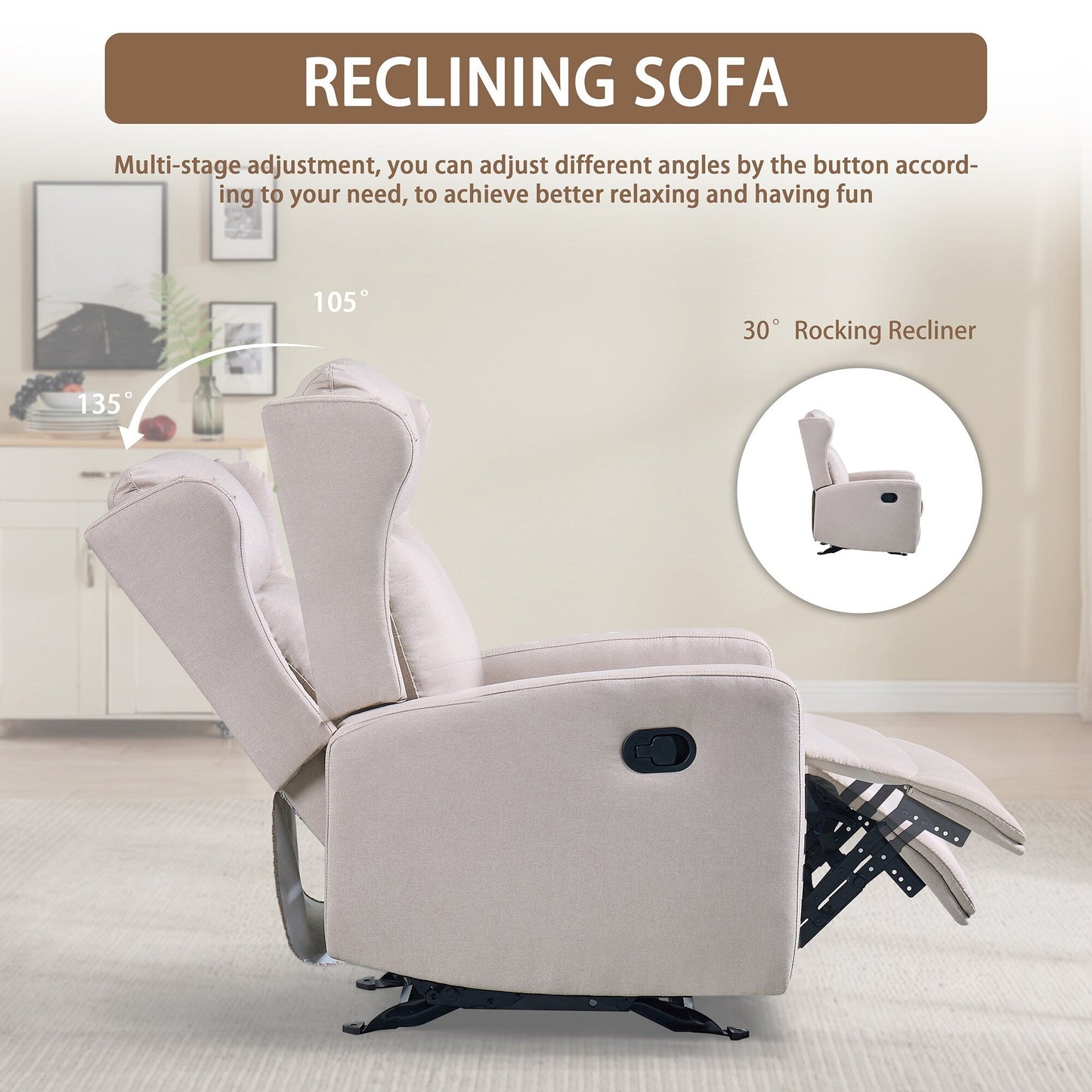 Adjustable Rocker Recliner Chair (90°-165°) with Linen Upholstery