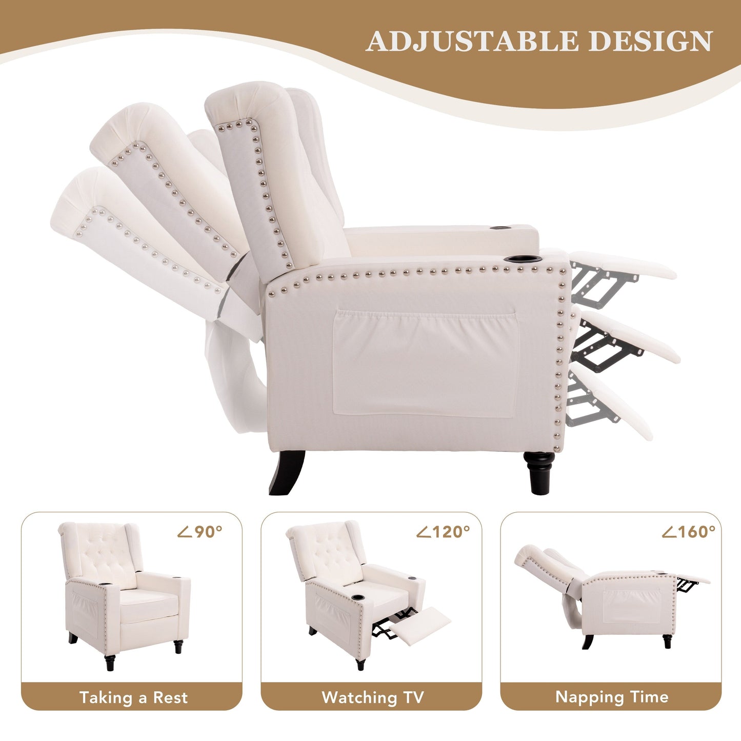 Adjustable Wing Back Recliner Chair Nailhead Armchair Padded Large Sofa Chair