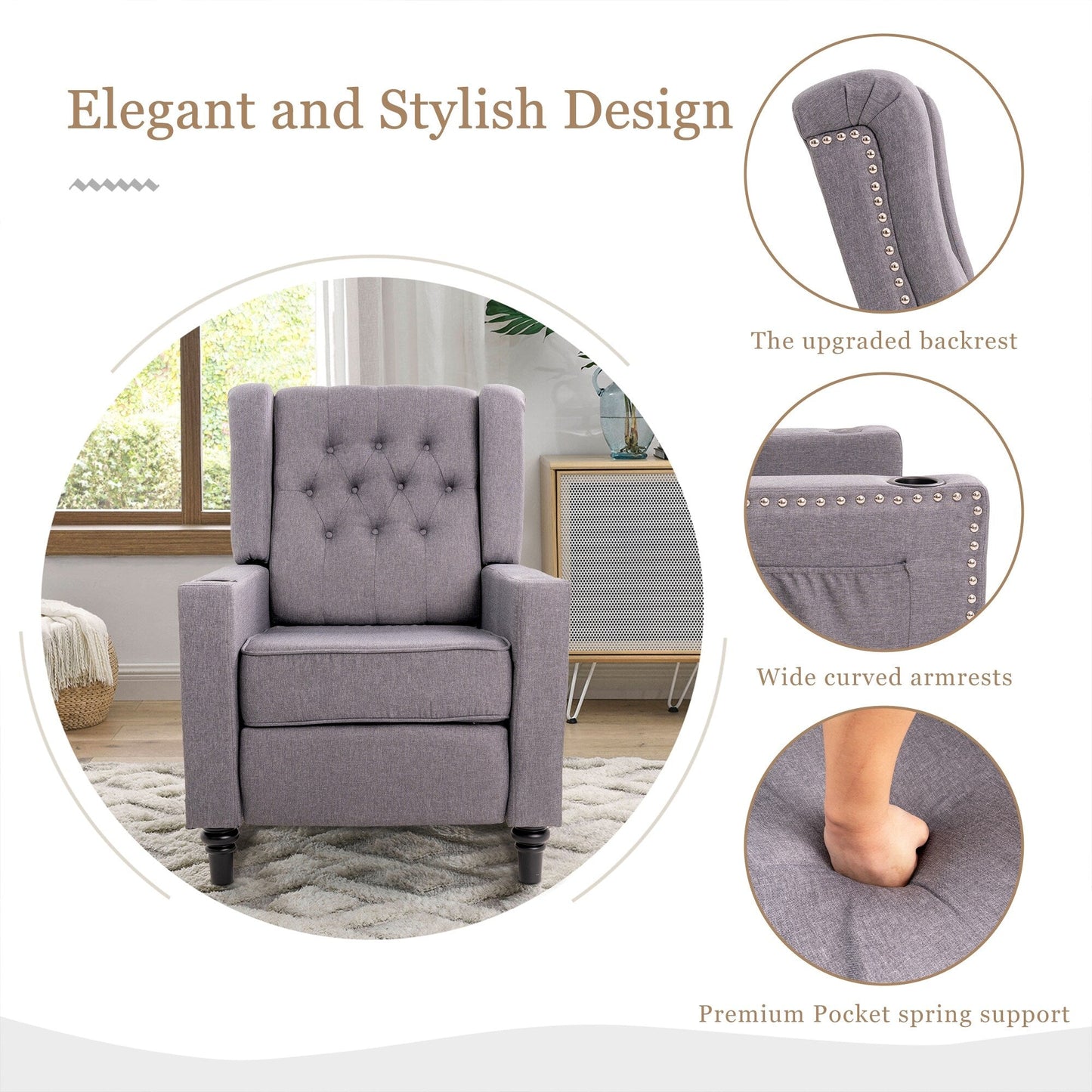 Adjustable Wing Back Recliner Chair Nailhead Armchair Padded Large Sofa Chair