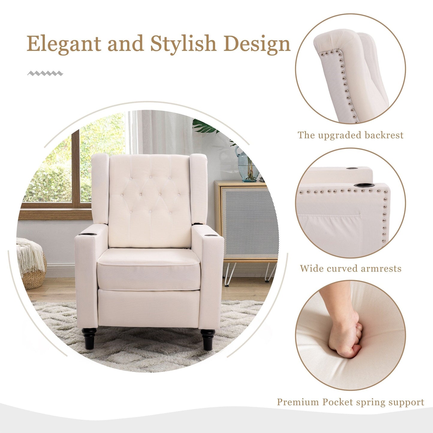 Adjustable Wing Back Recliner Chair Nailhead Armchair Padded Large Sofa Chair