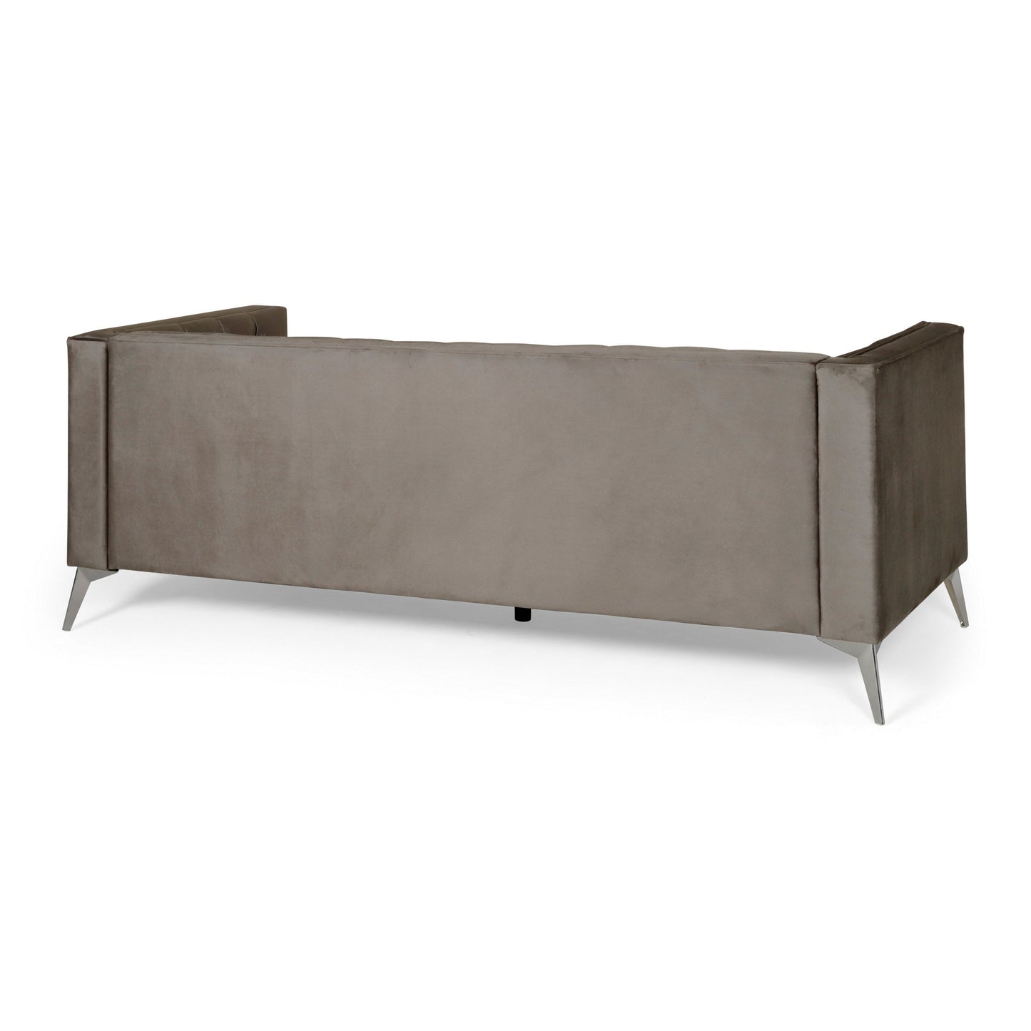Aeny 87 Inch Sofa, 3 Seater Tufted Gray Fabric, Angled Chrome Legs