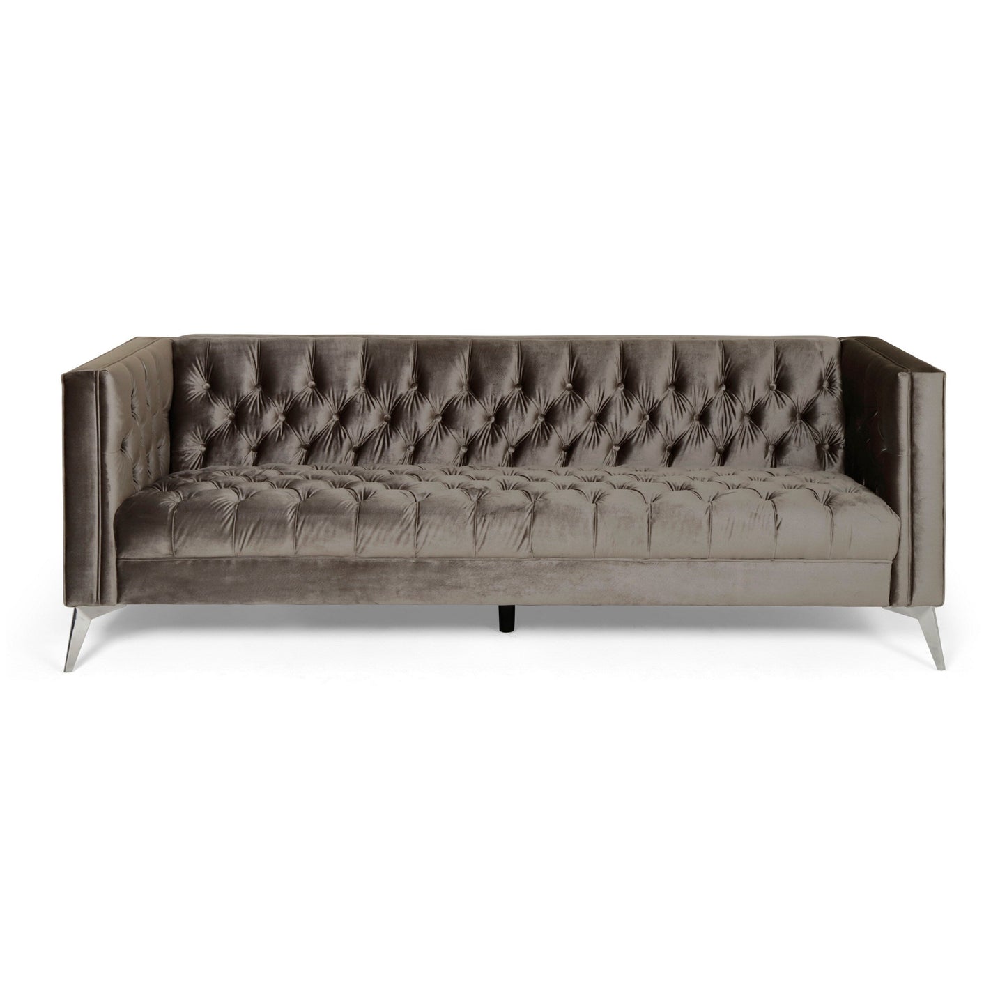 Aeny 87 Inch Sofa, 3 Seater Tufted Gray Fabric, Angled Chrome Legs