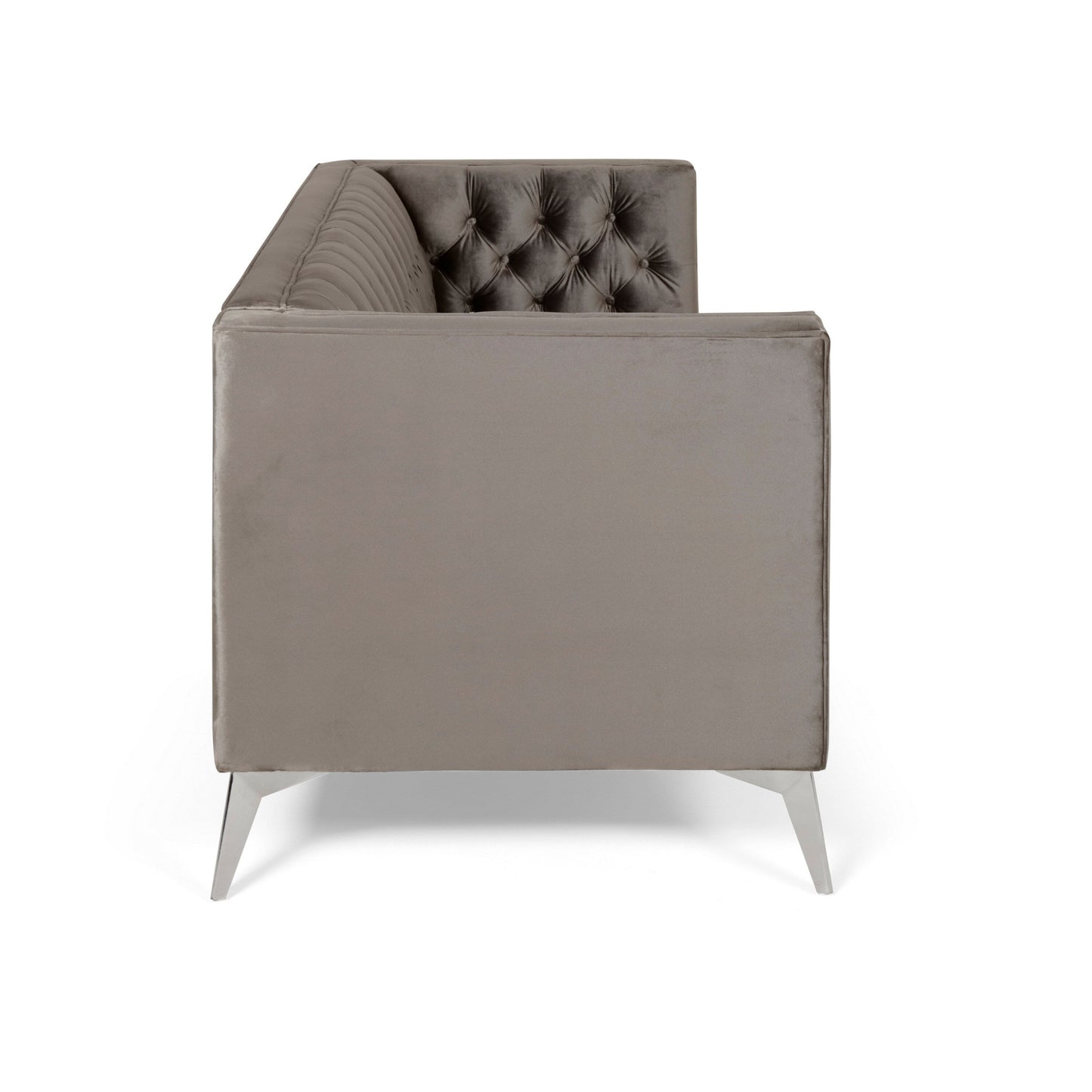 Aeny 87 Inch Sofa, 3 Seater Tufted Gray Fabric, Angled Chrome Legs