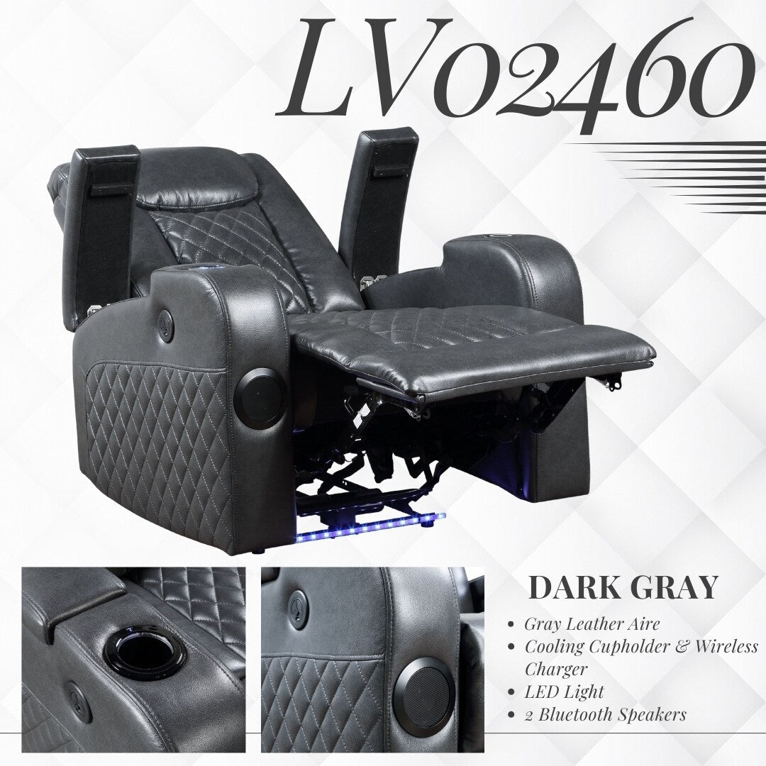 Alair Dark Gray Leather Aire Power Motion Recliner W/Bluetooth, Wireless Charger Cupholder