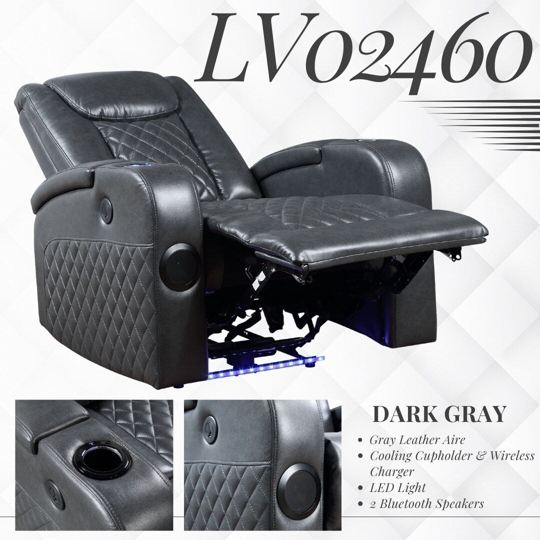 Alair Dark Gray Leather Aire Power Motion Recliner W/Bluetooth, Wireless Charger Cupholder